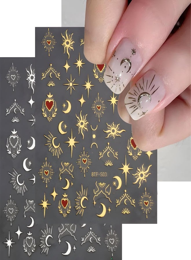 SPLOCUDU 12 Sheets Star Nail Stickers for Nail Art 3D Self-Adhesive Nail Art Stickers Gold Silver Sun Moon Heart Nails Design Decoration Accessories for Women - Image 2